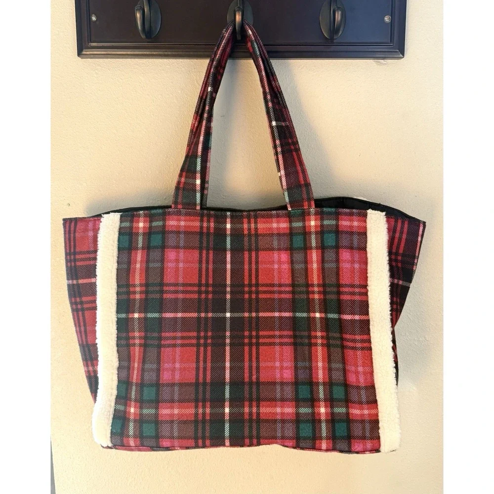 Victoria's Secret VS Faux Fur‎ Sherpa Plaid Flannel Large Tote Bag Purse Red